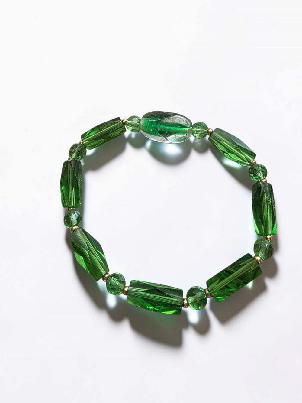 Vintage Green Faceted Glass Beaded Stretch Bracelet